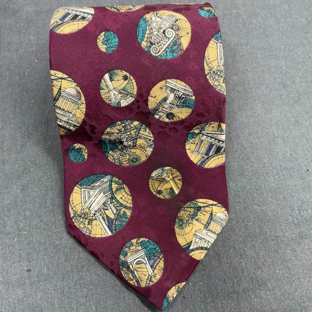 Structure Men Tie Silk Burgundy Architecture Greek Roman Column Vintage 90s Wide